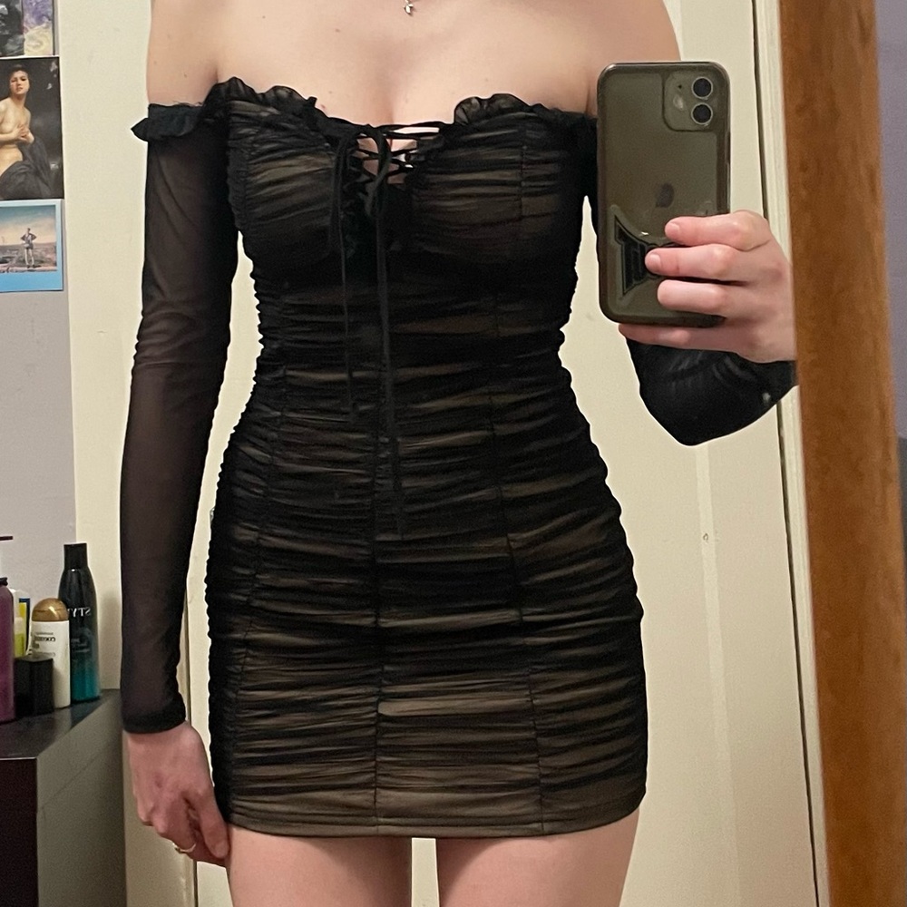 black ruched off the shoulder mini dress fits S/M